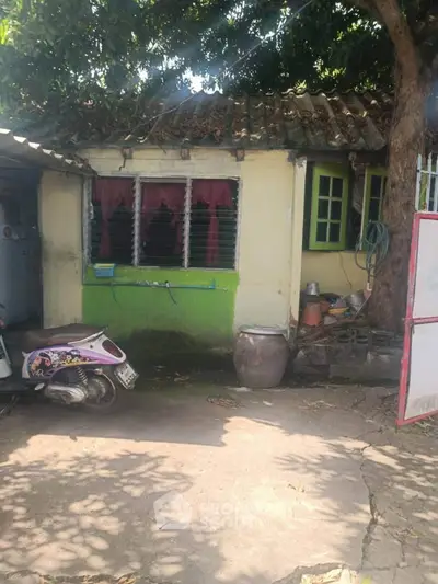 Charming rustic exterior with vintage scooter and lush greenery