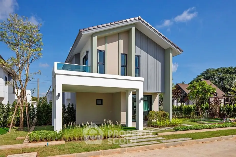 Modern two-story house with sleek design and lush landscaping in a serene neighborhood.