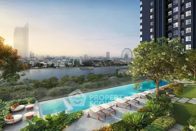 Luxurious high-rise building with stunning river view and infinity pool, perfect for urban living.