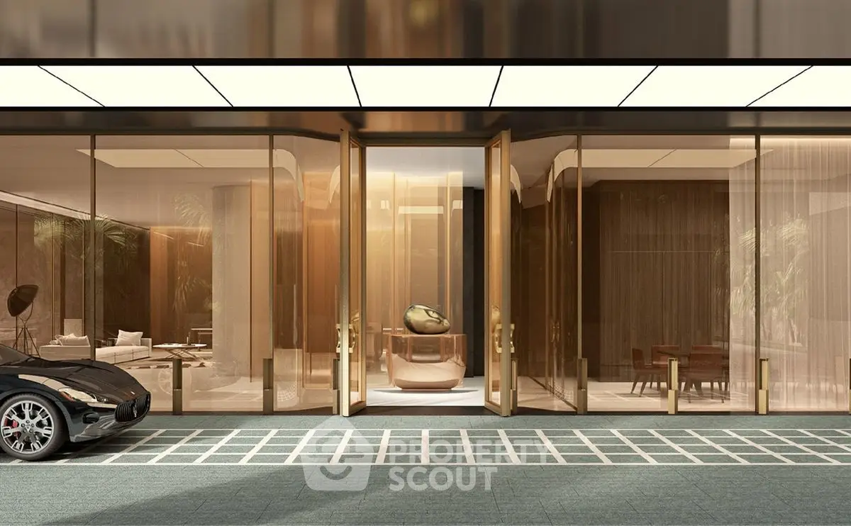Luxurious building entrance with elegant glass doors and modern design