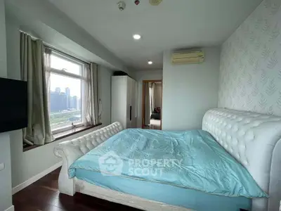 Spacious bedroom with city view and elegant white furniture