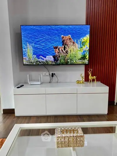 Modern living room with sleek TV setup and elegant decor