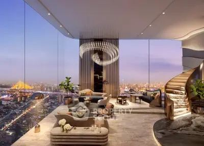 Luxurious modern living room with panoramic city view and elegant decor