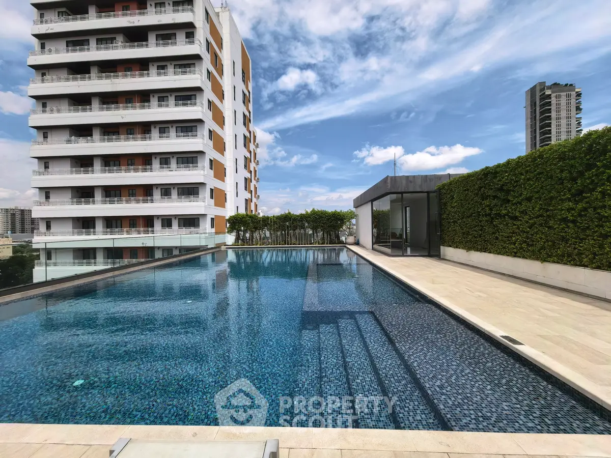 Luxurious rooftop pool with stunning city views and modern building architecture.