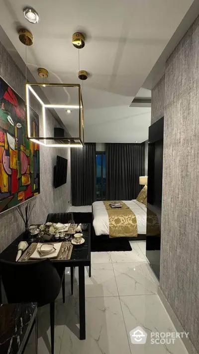 Luxurious modern bedroom with elegant decor and dining area