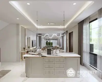 Luxurious modern kitchen with island and elegant lighting in a spacious open layout