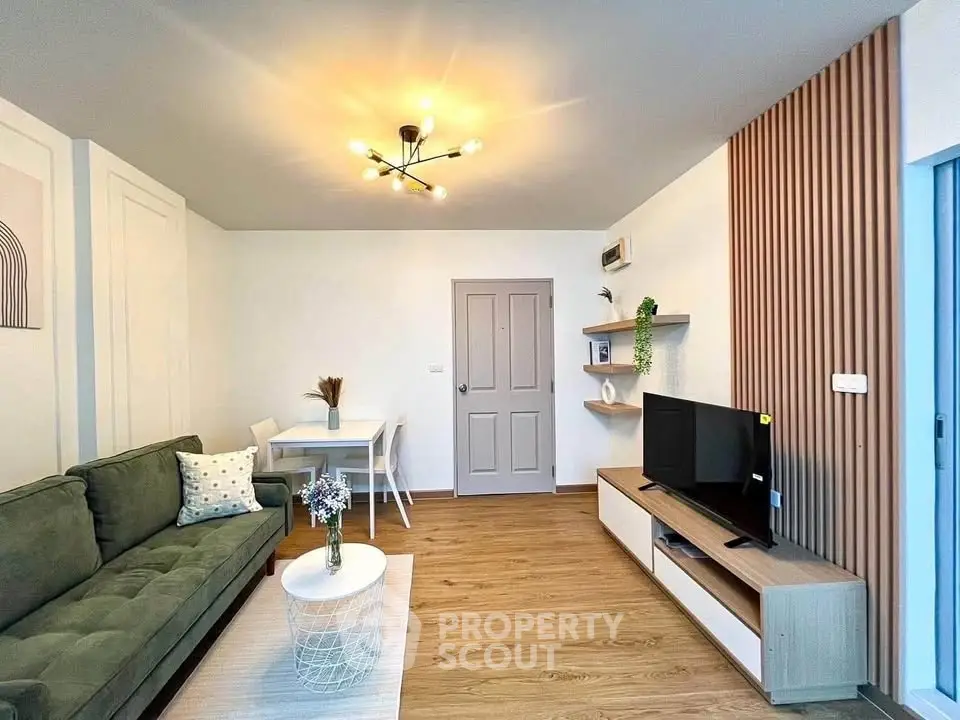 Modern living room with stylish decor and cozy seating area