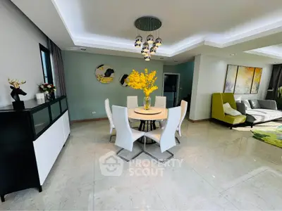 Spacious modern living room with elegant dining area and stylish decor