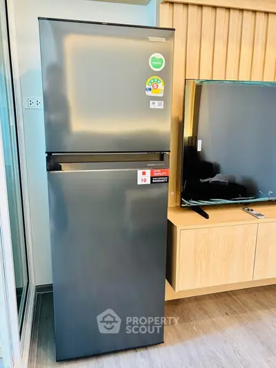 Modern living room with sleek refrigerator and flat-screen TV on wooden stand.