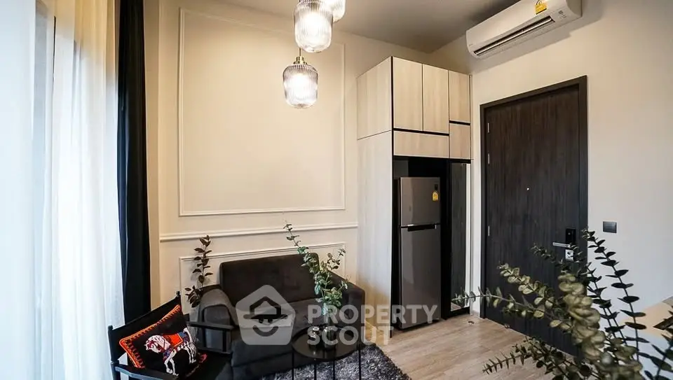 Modern living room with sleek furniture and air conditioning, perfect for urban living.