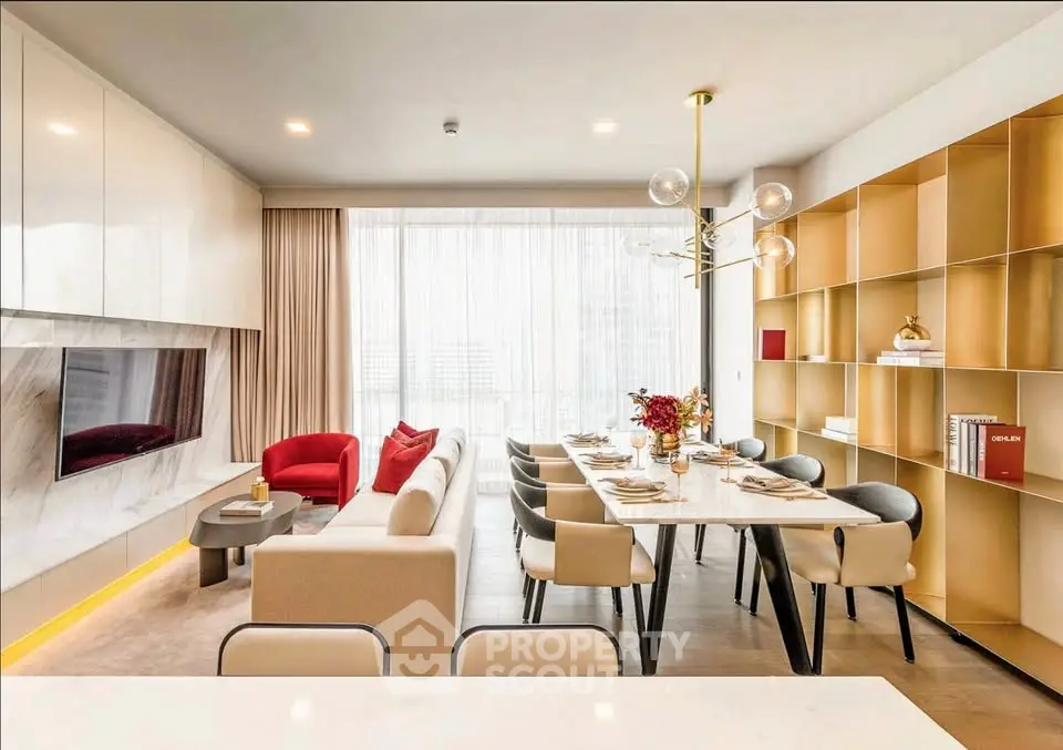 Luxurious modern living room with elegant dining area and stylish decor