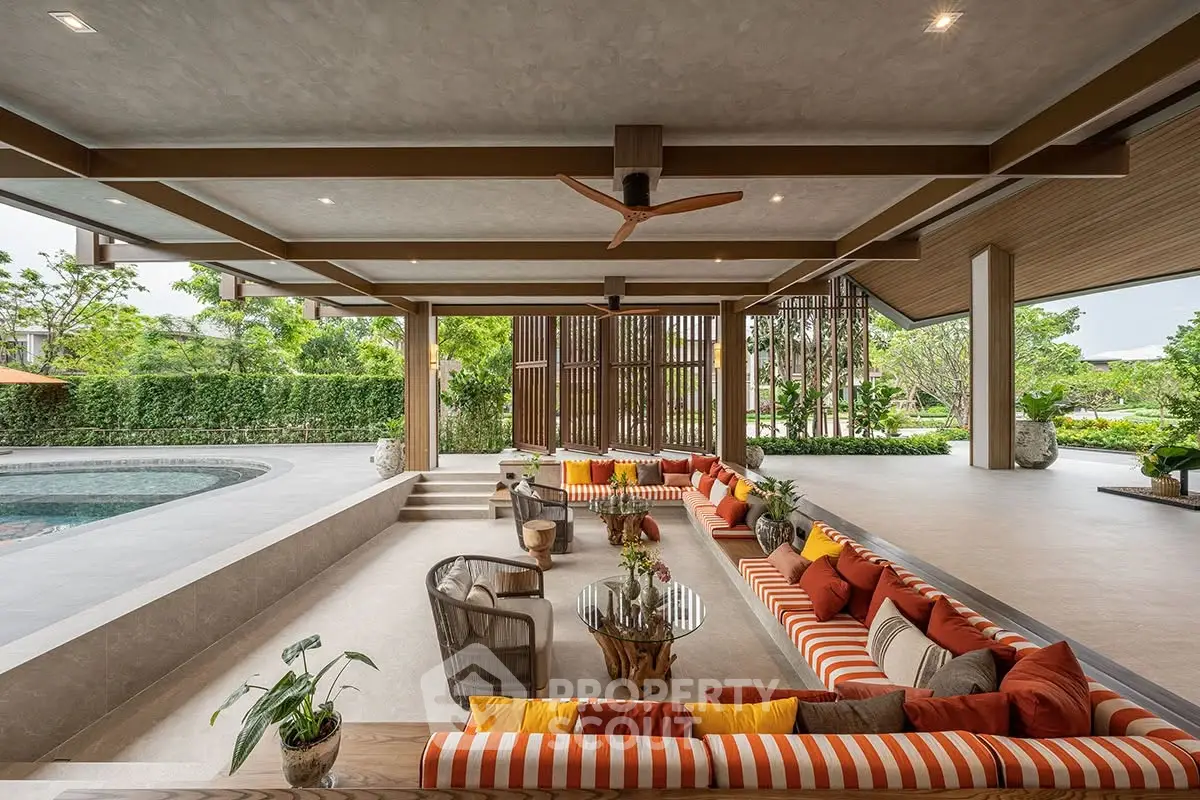 Luxurious outdoor living area with stylish seating and poolside view