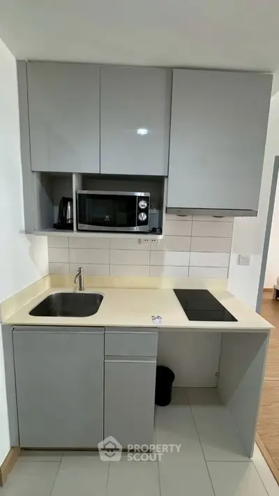 Modern compact kitchen with sleek cabinetry and built-in appliances