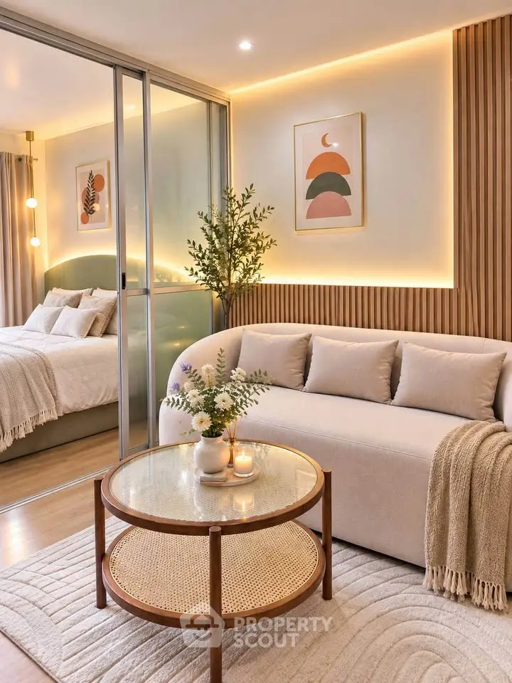 Stylish modern living room with cozy sofa and elegant decor, featuring warm lighting and a glimpse of the bedroom.