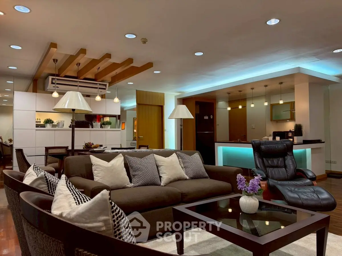 Luxurious modern living room with stylish furniture and ambient lighting