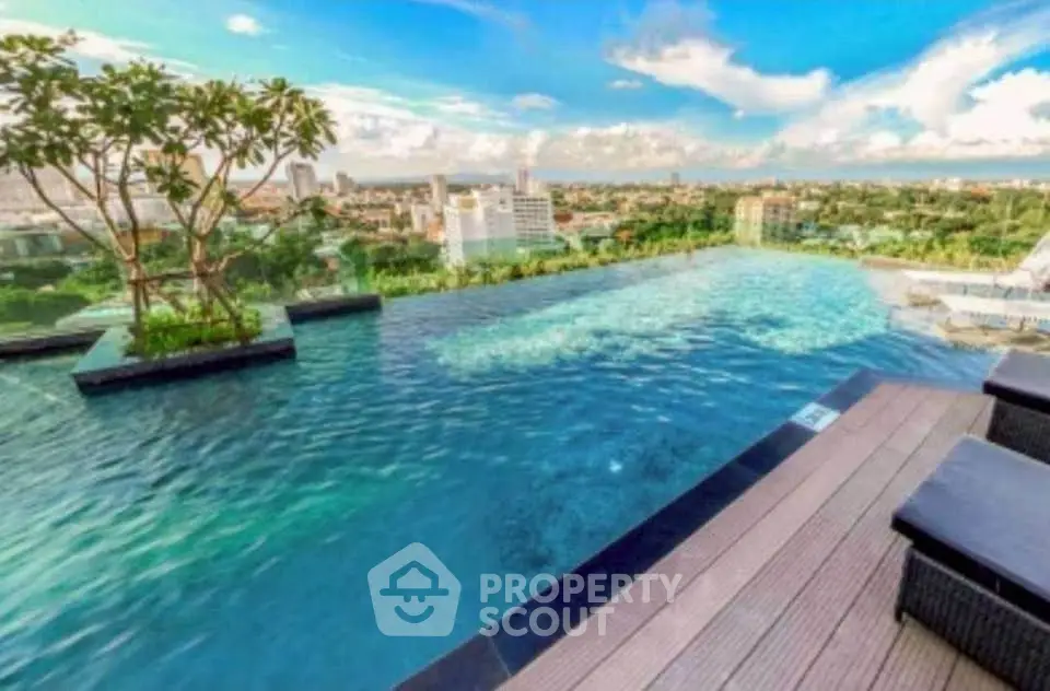 Stunning rooftop infinity pool with panoramic city views and lush greenery.
