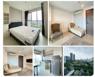 Modern apartment with spacious bedroom, cozy living area, and city view from balcony in prime location.