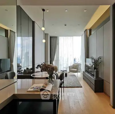 Luxurious modern living room with floor-to-ceiling windows and elegant decor