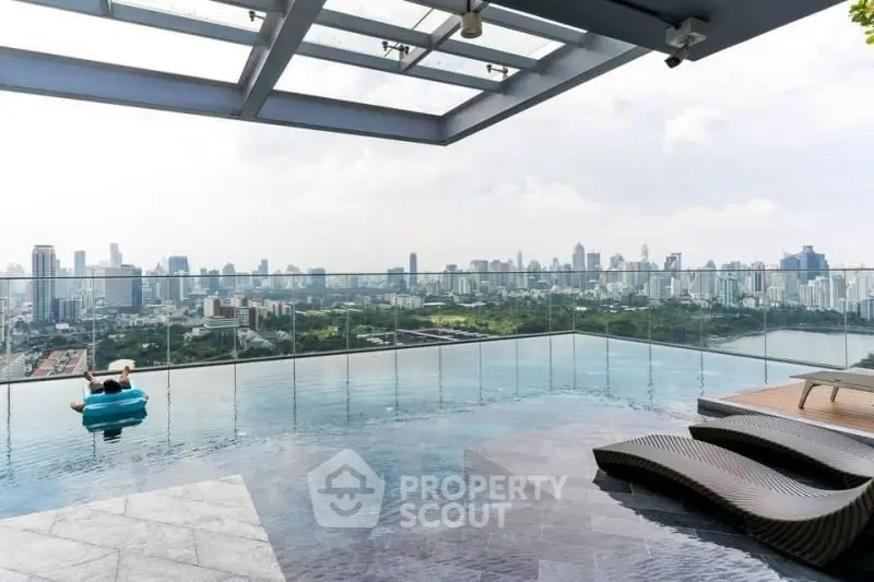 Luxurious rooftop infinity pool with stunning city skyline view.