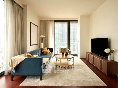 Modern living room with elegant decor and large windows offering city views.