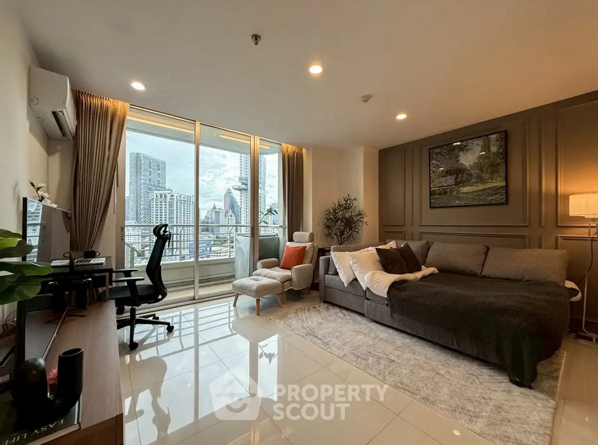 Spacious living room with city view, modern furniture, and large windows in high-rise apartment.