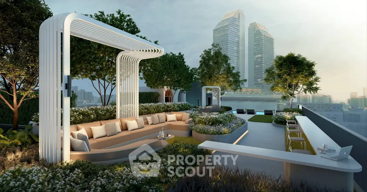 Luxurious rooftop garden with modern seating and stunning city views