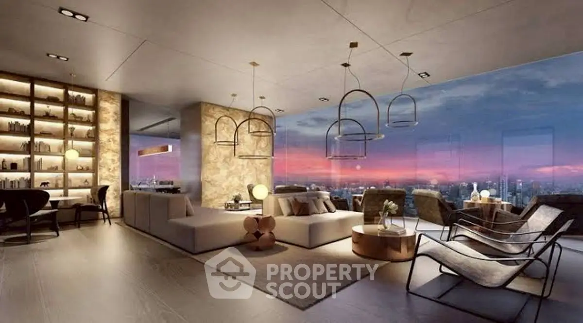 Luxurious modern living room with stunning city skyline view at sunset.