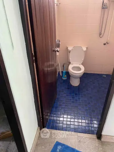 Compact bathroom with blue tiled floor and white fixtures