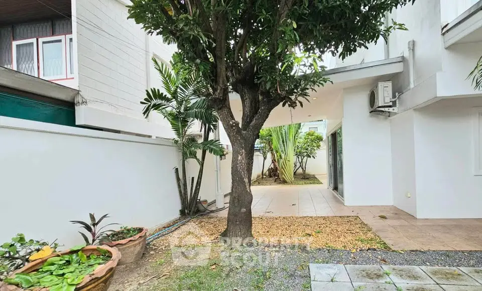 Charming backyard with lush greenery and spacious patio in a modern home.