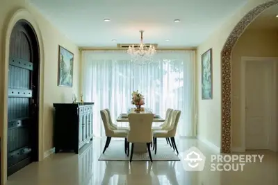 Elegant dining room with chandelier and large windows in luxurious home