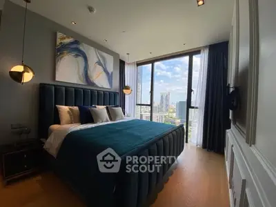 Luxurious bedroom with stunning city view and modern decor