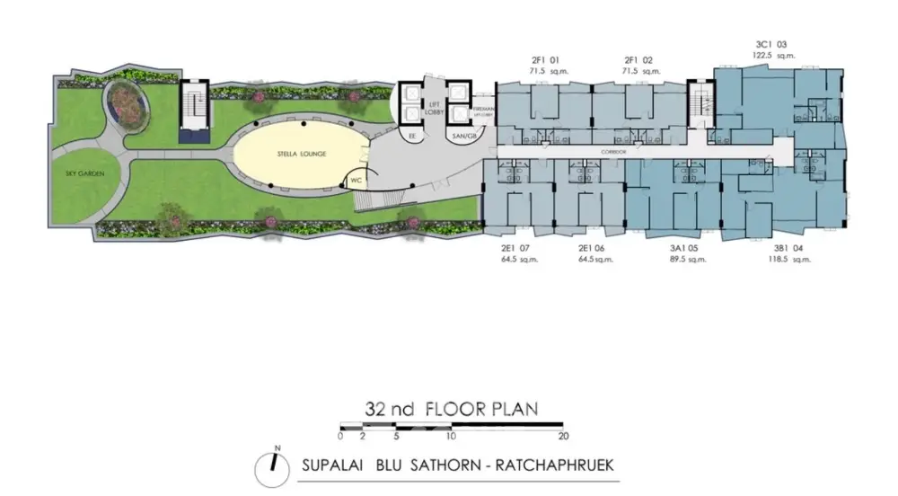 32nd floor plan of Supalai Blu Sathorn Ratchaphruek with sky garden and spiral lounge.
