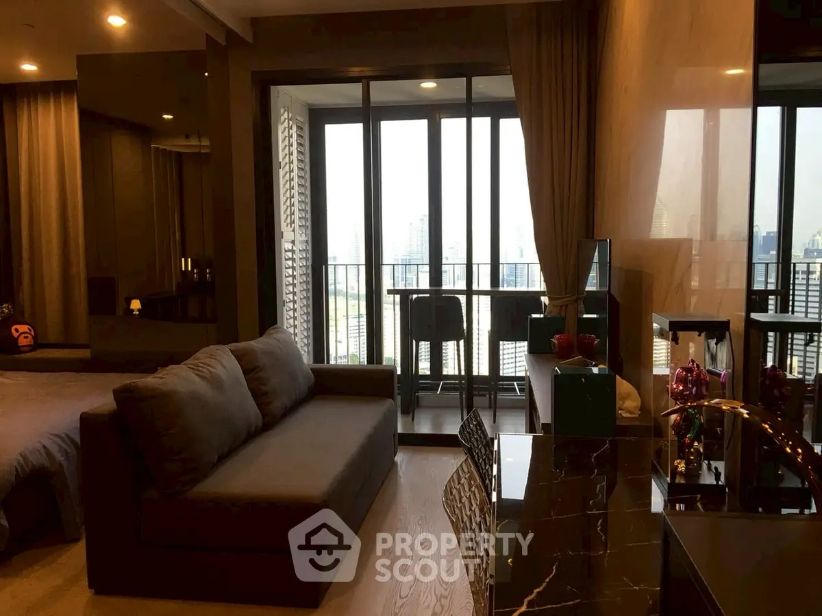 Luxurious modern living room with city view balcony and elegant decor