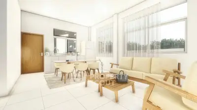 Bright and airy living room with modern furniture and large windows.