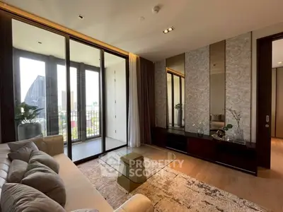 Luxurious living room with floor-to-ceiling windows and stunning city view