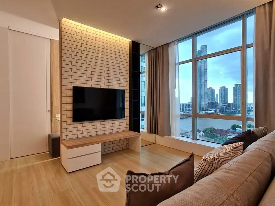 Modern living room with stunning city view and stylish decor
