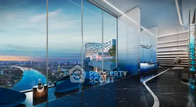 Luxurious modern living room with panoramic city and river view, sleek design and elegant furnishings.