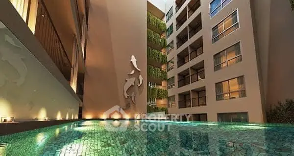 Luxurious apartment complex with stunning pool and modern architecture