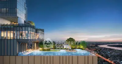 Luxurious rooftop pool with stunning cityscape and river view at sunset.