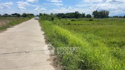 Scenic rural land with concrete road and lush greenery under blue sky.