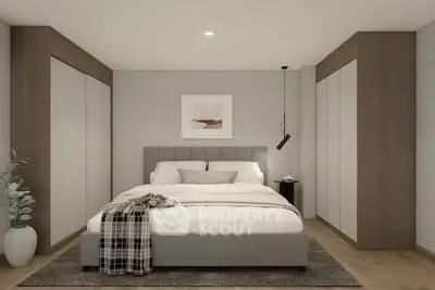 Modern bedroom with stylish decor and ample closet space