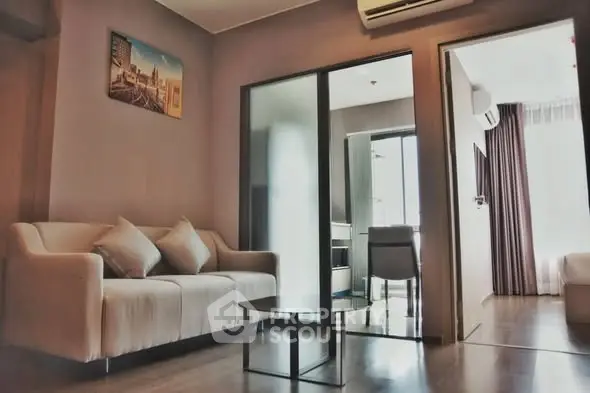 Modern living room with cozy sofa and stylish decor