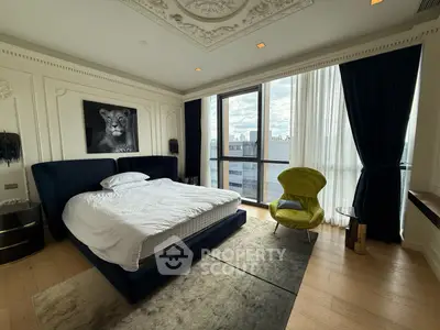 Luxurious bedroom with stunning city view and elegant decor