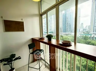 Chic urban balcony with city skyline view, perfect for relaxation and enjoying the vibrant city life.