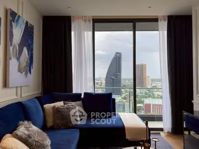 Luxurious living room with stunning city view from high-rise balcony
