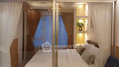 Luxurious bedroom with elegant decor and ambient lighting, featuring a cozy bed and stylish curtains.