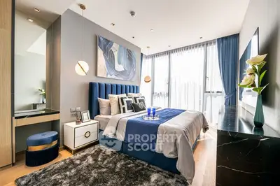 Luxurious modern bedroom with elegant decor and large windows