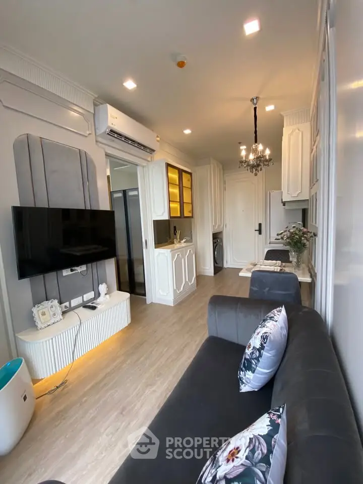 Luxurious modern living room with elegant decor and ambient lighting