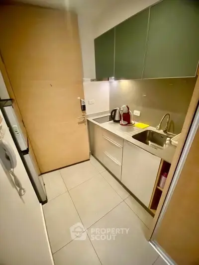 Compact modern kitchen with sleek cabinetry and stainless steel sink in cozy apartment.
