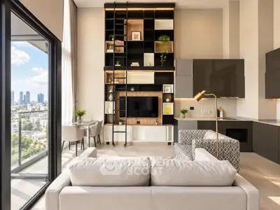 Modern living room with floor-to-ceiling windows and city skyline view
